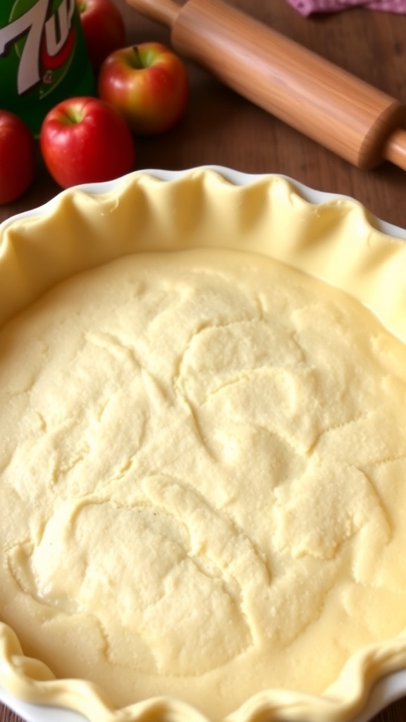 Flaky 7-Up pie crust in a dish, surrounded by fresh fruits and a rolling pin.
